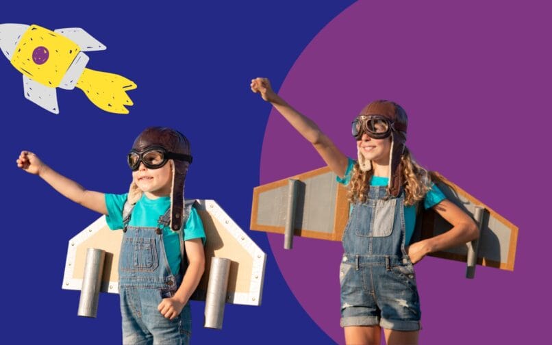 Kids wearing wings and goggles